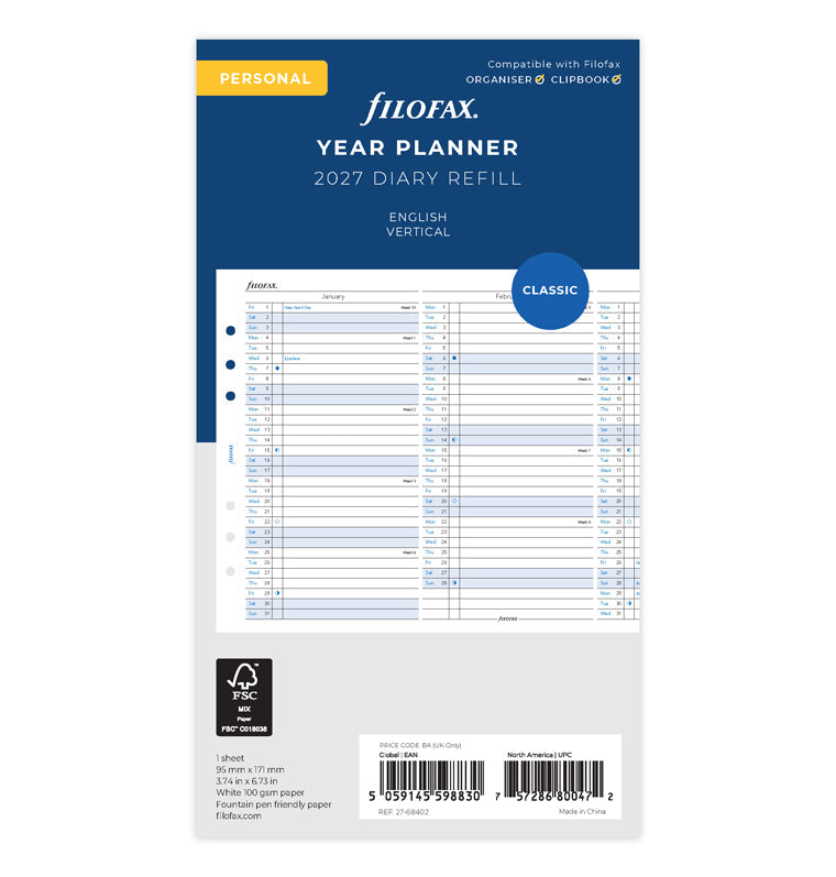 Vertical Year Planner - Personal 2027 English Filofax 27-68402