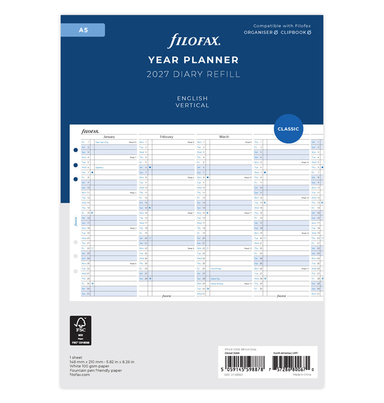 Vertical Year Planner - A5 2027 English Filofax 27-68501