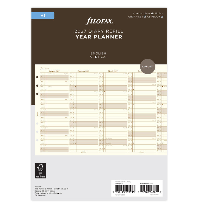 Vertical Year Planner - A5 Cotton Cream 2027 English Filofax 27-68508