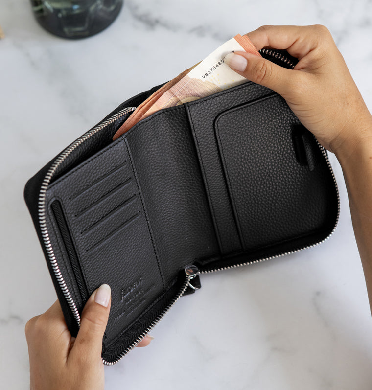 Norfolk Pocket Compact Zip Leather Organizer Black