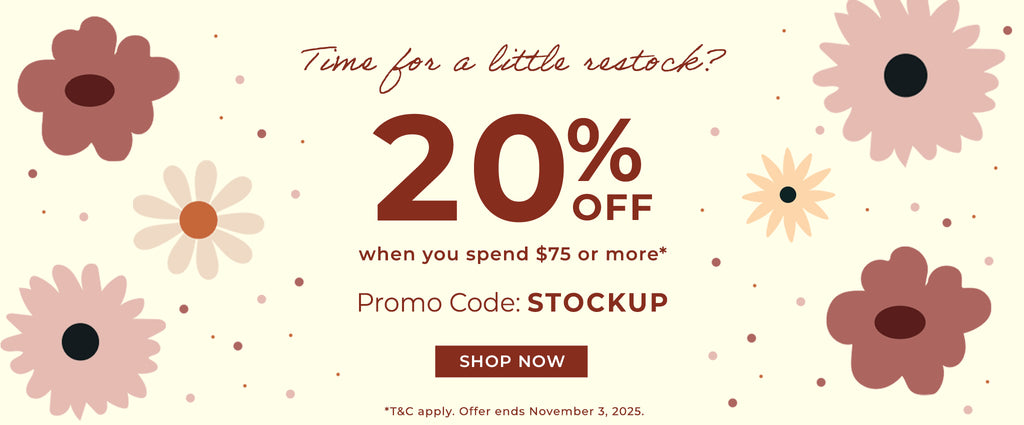 20% off when you spend $75 or more with promo code: STOCKUP