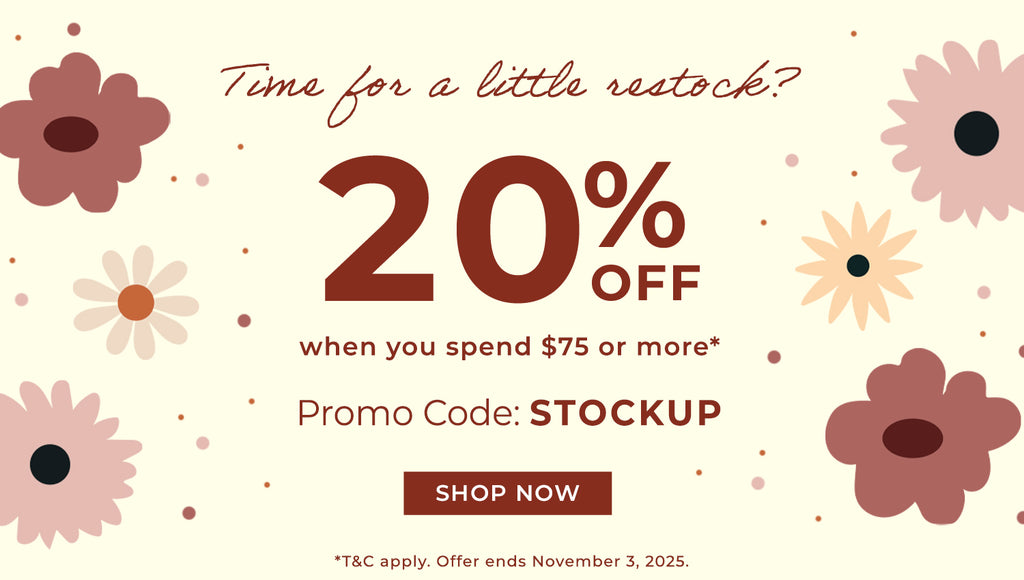 20% off when you spend $75 or more with promo code: STOCKUP