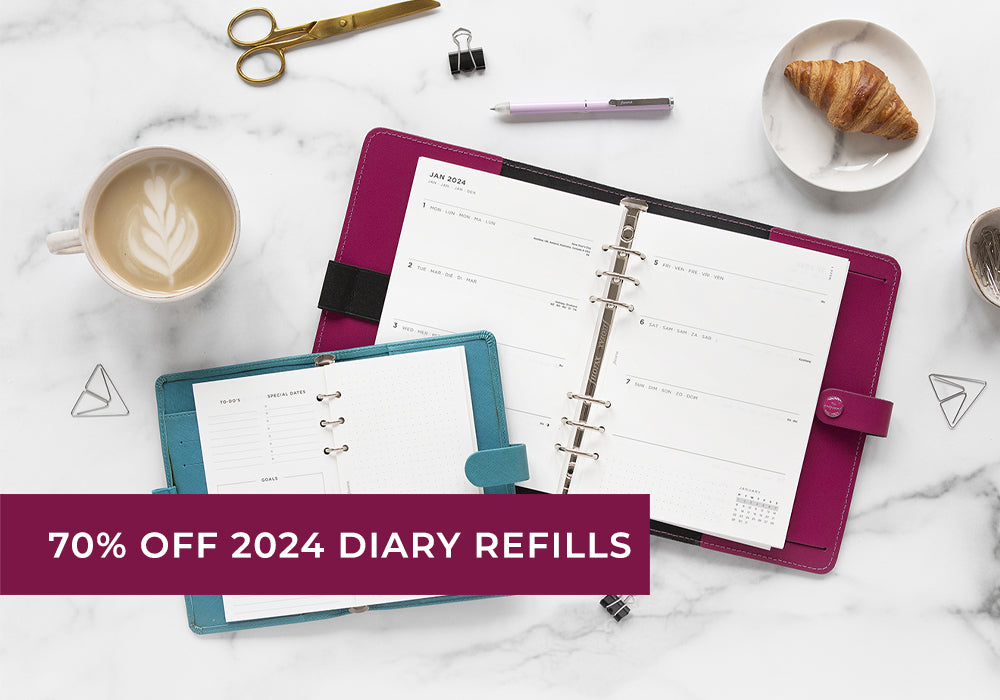 70% OFF Full Year 2024 Diary Refills, whilst stocks last. Priced as marked.
