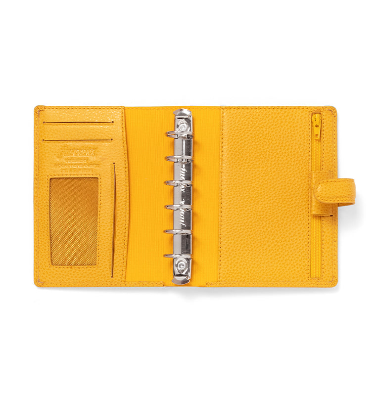 Filofax Finsbury Pocket Leather Organizer in Mustard Yellow - open empty