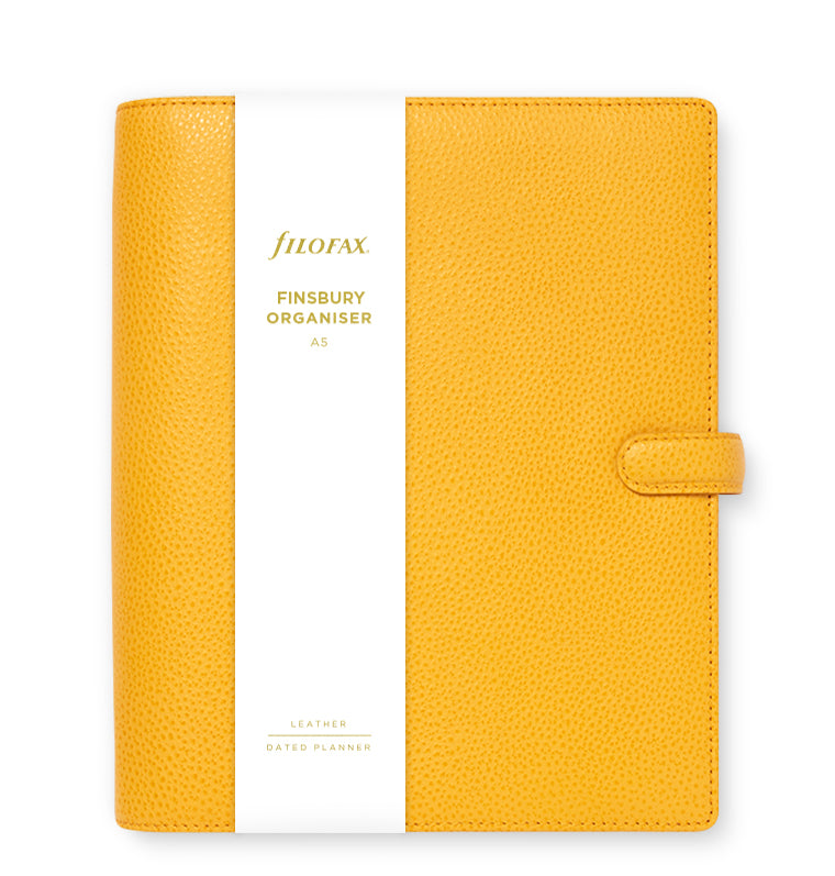 Filofax Finsbury A5 Leather Organizer in Mustard Yellow with packaging