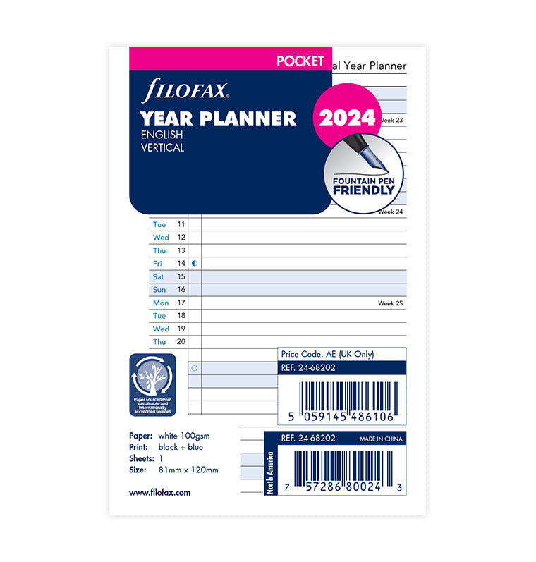 2024 Organiser Refill Filofax Classic Deskfax Vertical with Appointments  Week to View