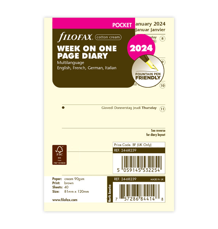 Week On One Page Diary - Pocket Cotton Cream 2024 Multilanguage - Filofax
