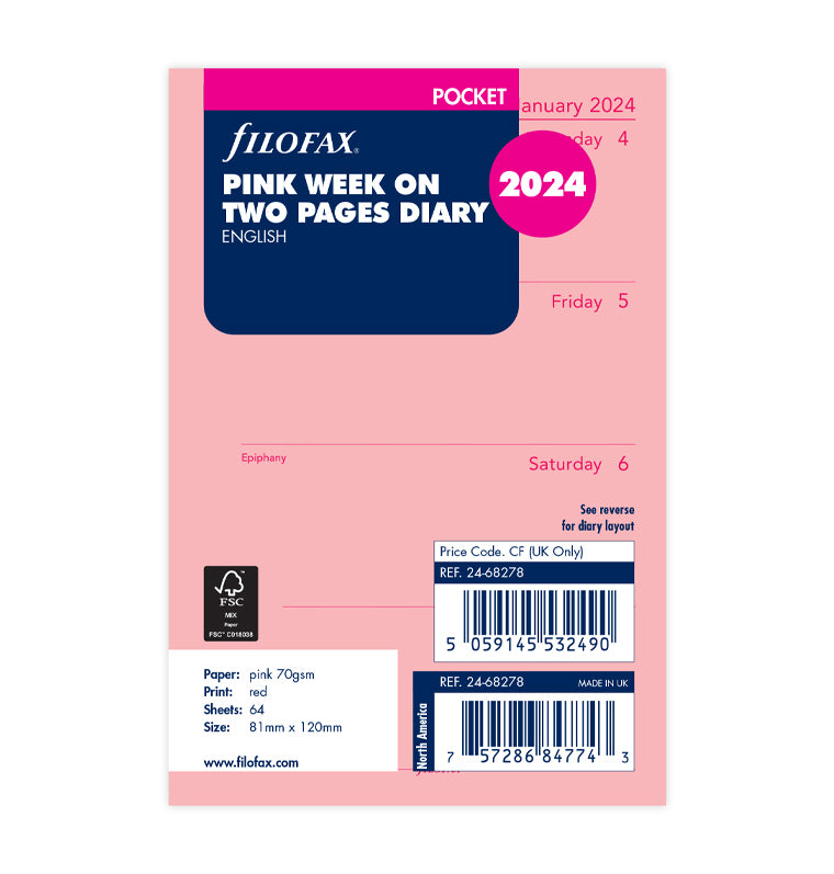 Week On Two Pages Diary - Pocket Pink 2024 English - Filofax
