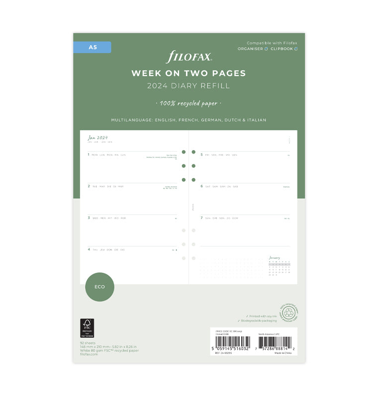 Filofax Kalender Einlage A5 Multilanguage: Week on two pages 2024