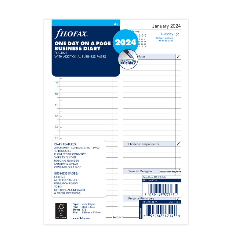 One Day On A Page Business Diary - A5 2024 English - Filofax