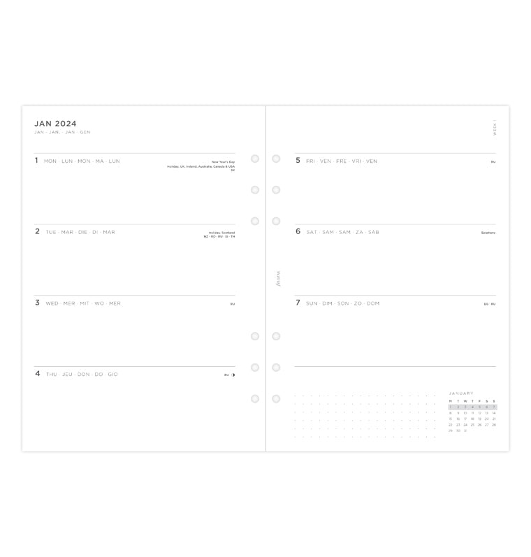 Minimal Week On Two Pages Diary - A5 2024 Multilanguage