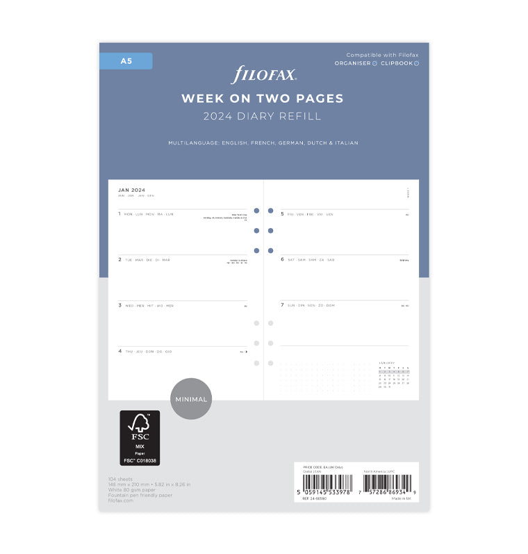 2024 Filofax Personal COMPATIBLE Week on one page diary refill insert  English