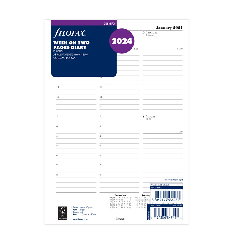 Week On Two Pages Diary With Appointments - Deskfax 2024 English - Filofax