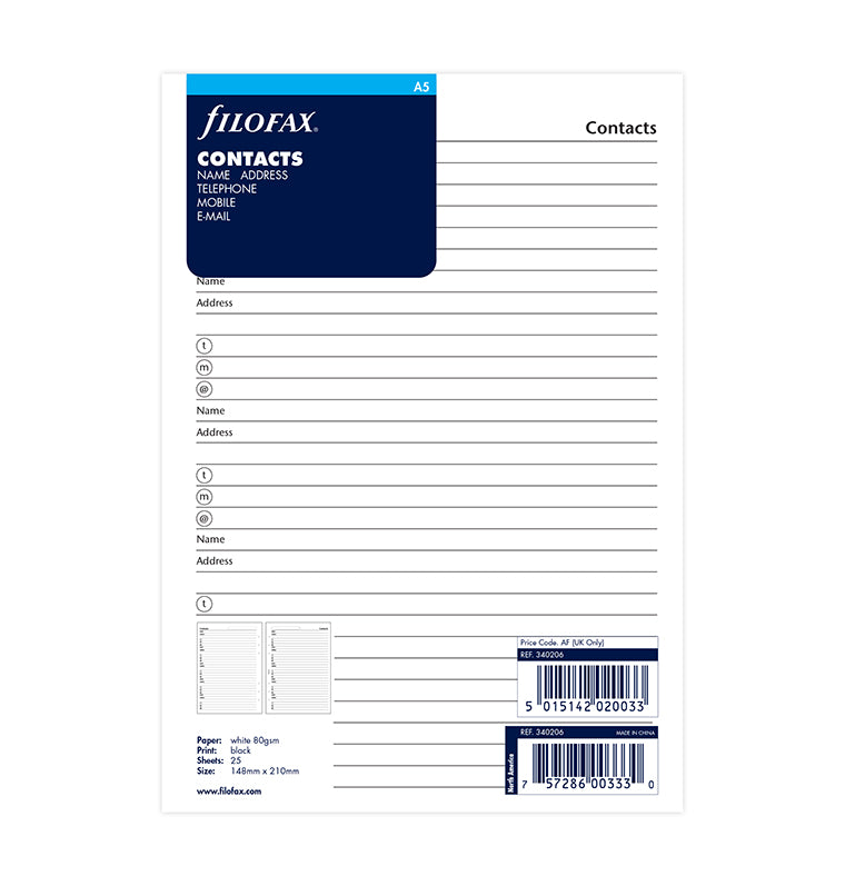 Filofax - Recharge A5 Noms, adresses, téléphones en anglais :: Filofax :: Recharge  Agenda