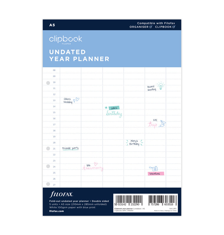Clipbook Undated Year Planner Refill - A5